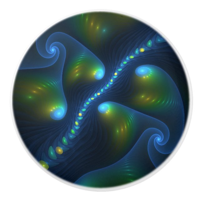 Fantasy Lights Abstract Blue Green Yellow Fractal Ceramic Knob (Front)