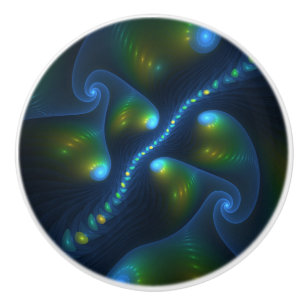Fantasy Lights Abstract Blue Green Yellow Fractal Ceramic Knob