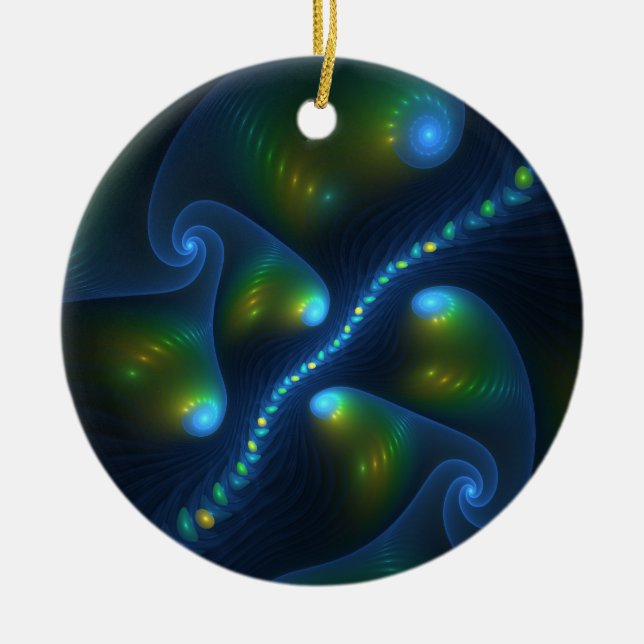 Fantasy Lights Abstract Blue Green Yellow Fractal Ceramic Ornament (Front)