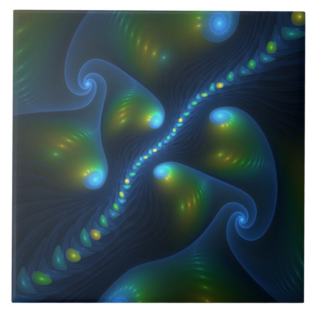 Fantasy Lights Abstract Blue Green Yellow Fractal Ceramic Tile (Front)