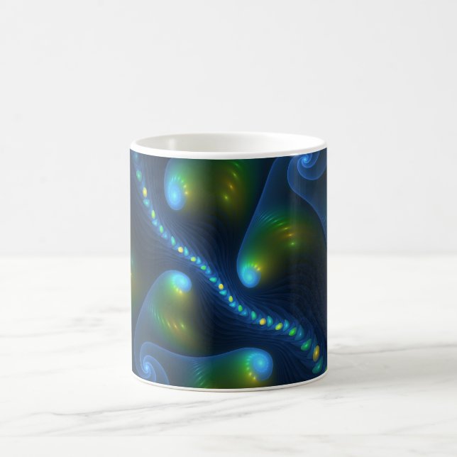 Fantasy Lights Abstract Blue Green Yellow Fractal Coffee Mug (Center)