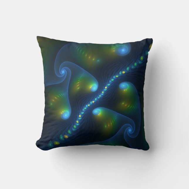 Fantasy Lights Abstract Blue Green Yellow Fractal Cushion (Front)
