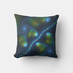 Fantasy Lights Abstract Blue Green Yellow Fractal Cushion