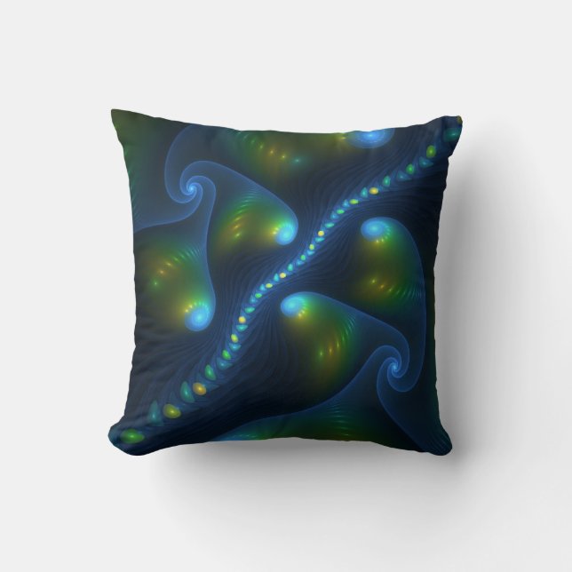 Fantasy Lights Abstract Blue Green Yellow Fractal Cushion (Front)
