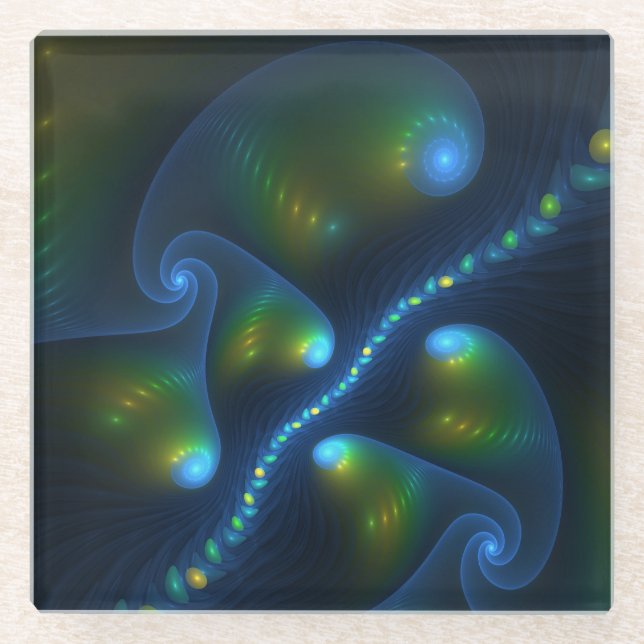 Fantasy Lights Abstract Blue Green Yellow Fractal Glass Coaster (Front)