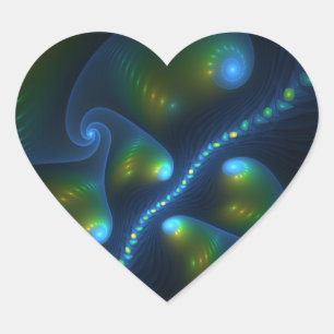 Fantasy Lights Abstract Blue Green Yellow Fractal Heart Sticker