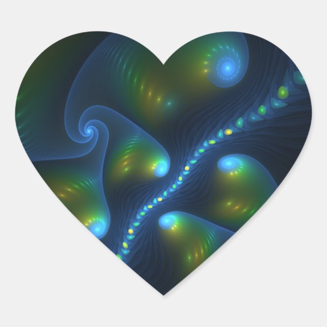 Fantasy Lights Abstract Blue Green Yellow Fractal Heart Sticker (Front)