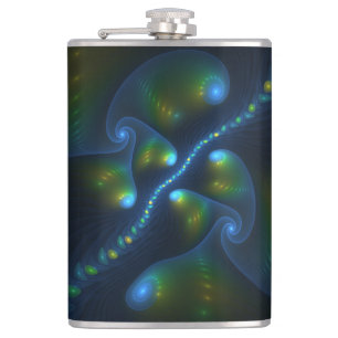 Fantasy Lights Abstract Blue Green Yellow Fractal Hip Flask