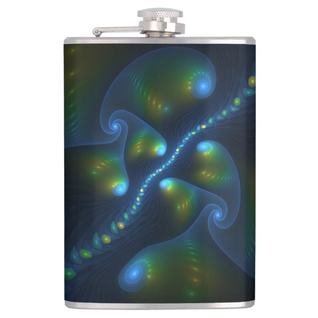 Fantasy Lights Abstract Blue Green Yellow Fractal Hip Flask (Front)