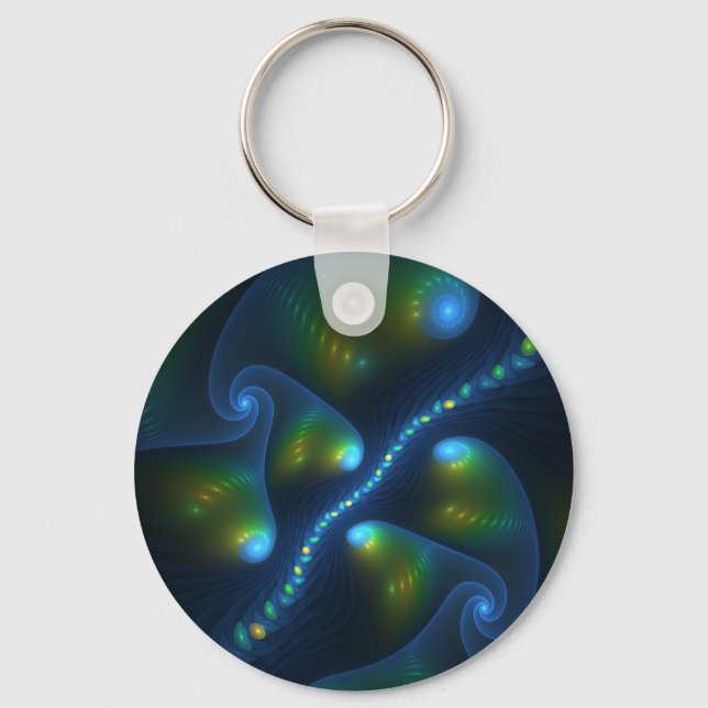 Fantasy Lights Abstract Blue Green Yellow Fractal Key Ring (Front)