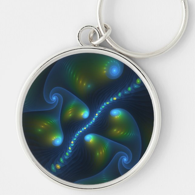 Fantasy Lights Abstract Blue Green Yellow Fractal Key Ring (Front)