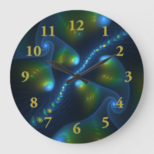 Fantasy Lights Abstract Blue Green Yellow Fractal Large Clock