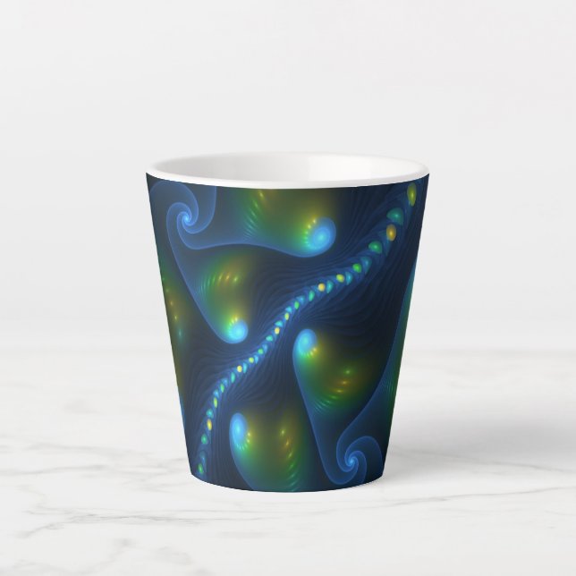 Fantasy Lights Abstract Blue Green Yellow Fractal Latte Mug (Front)