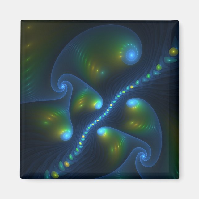 Fantasy Lights Abstract Blue Green Yellow Fractal Magnet (Front)
