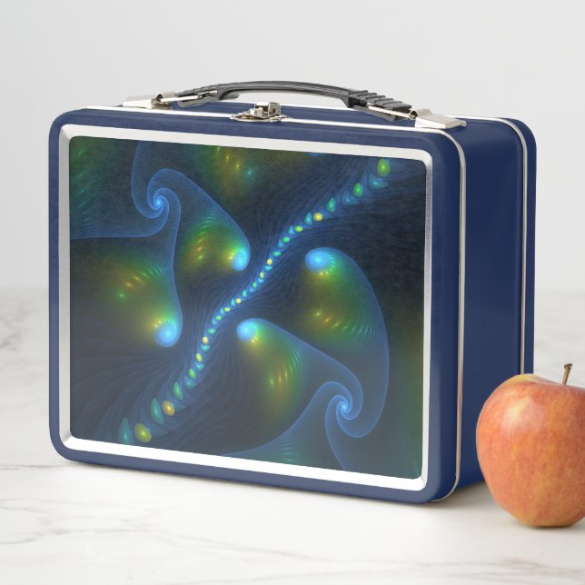 Fantasy Lights Abstract Blue Green Yellow Fractal Metal Lunch Box (In Situ)