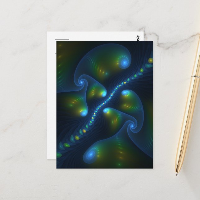 Fantasy Lights Abstract Blue Green Yellow Fractal Postcard (Front/Back In Situ)