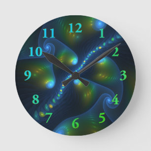 Fantasy Lights Abstract Blue Green Yellow Fractal Round Clock