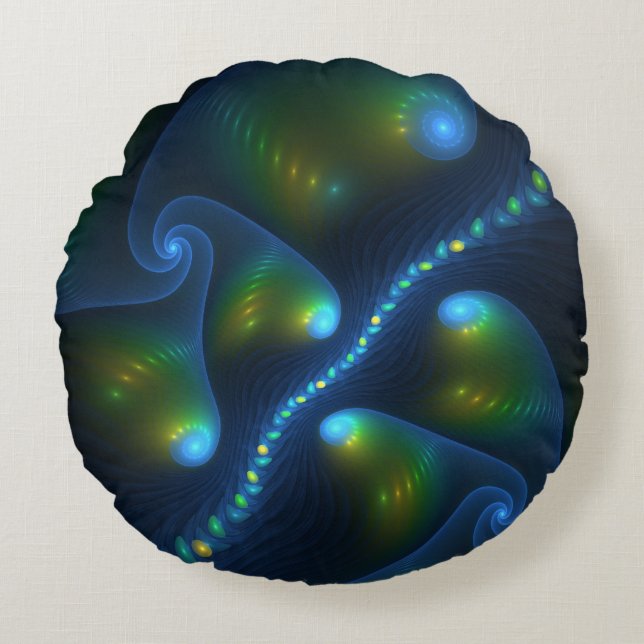 Fantasy Lights Abstract Blue Green Yellow Fractal Round Cushion (Front)