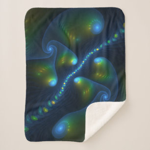 Fantasy Lights Abstract Blue Green Yellow Fractal Sherpa Blanket