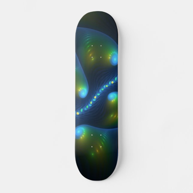 Fantasy Lights Abstract Blue Green Yellow Fractal Skateboard (Front)