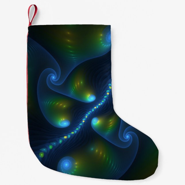Fantasy Lights Abstract Blue Green Yellow Fractal Small Christmas Stocking (Front)