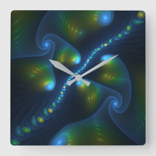 Fantasy Lights Abstract Blue Green Yellow Fractal Square Wall Clock