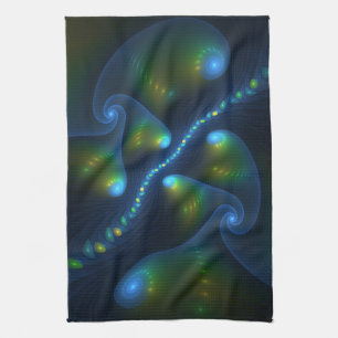 Fantasy Lights Abstract Blue Green Yellow Fractal Tea Towel