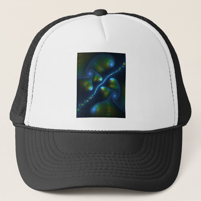 Fantasy Lights Abstract Blue Green Yellow Fractal Trucker Hat (Front)