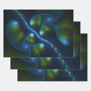 Fantasy Lights Abstract Blue Green Yellow Fractal Wrapping Paper Sheet