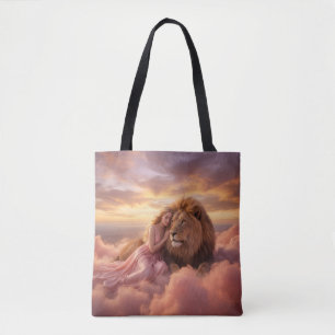 Fantasy Lion and Woman in Clouds Tote Bag