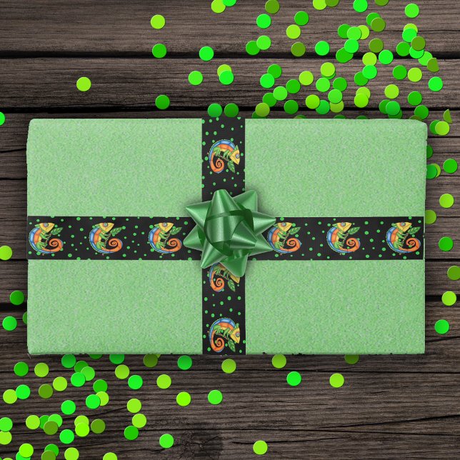 Fantasy Lizard in Vibrant Colours Black Green Dots Satin Ribbon (Fantasy lizards vibrant colours on black with green polka dots gift wrap ribbon.)