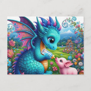 Fantasy lovers dragon pig postcard