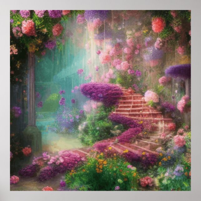 Fantasy Magical Garden With Flowers And Stairs  Poster (Front)