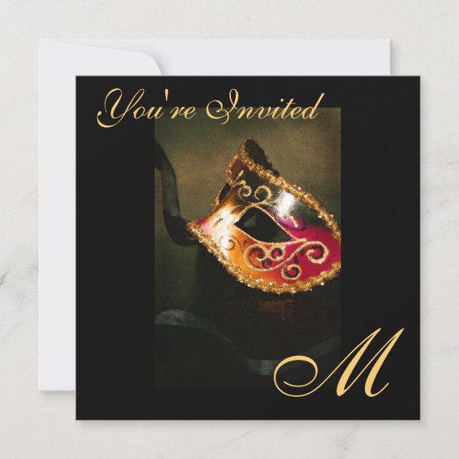 Fantasy Masquerade Mask Monogram Gold Invitation (Front)