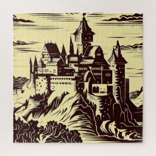Fantasy Mediaeval Castle - Japanese Woodcut Style Jigsaw Puzzle