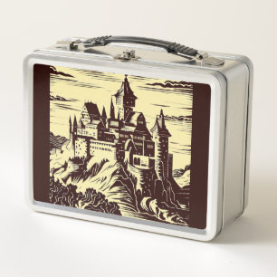 Fantasy Mediaeval Castle - Japanese Woodcut Style Metal Lunch Box