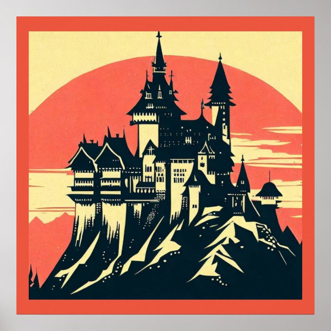 Fantasy Mediaeval Castle - Woodcut 4 Poster (Front)
