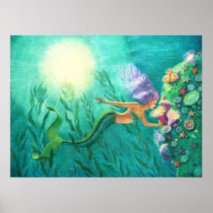 Fantasy Mermaid Art Poster Tropical Sea Garden