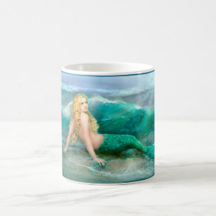 Fantasy Mermaid on Shore with Aqua Waves Coffee Mug