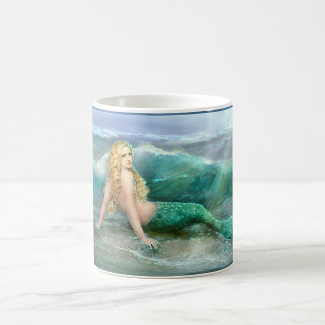 Fantasy Mermaid on Shore with Aqua Waves Coffee Mug (Center)