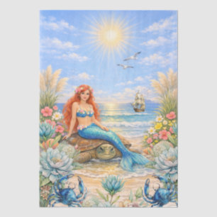 Fantasy Mermaid Sea Turtle Beach Scene Decoupage  Tissue Paper