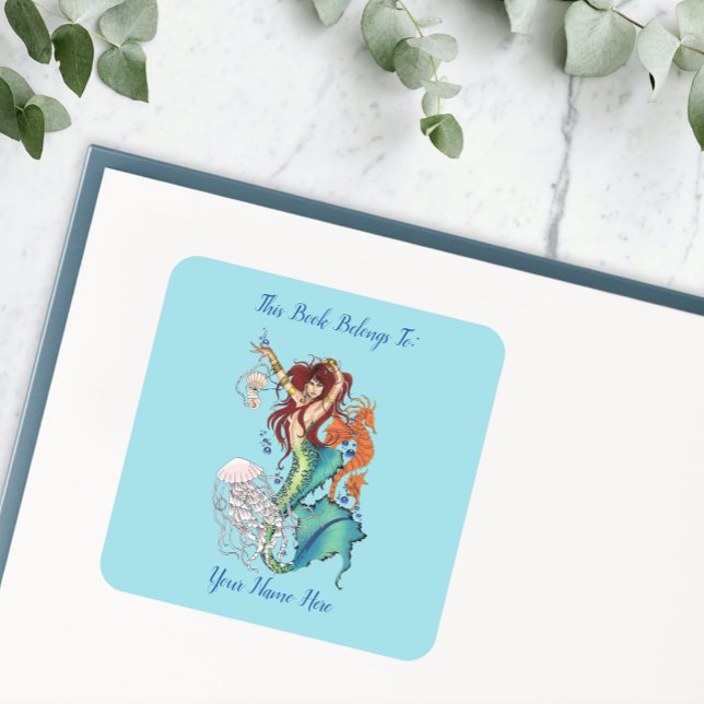 Fantasy Mermaid Teal Tail Bookplate Square Sticker (Creator Uploaded)