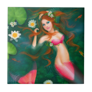 Fantasy mermaid with lilies tile