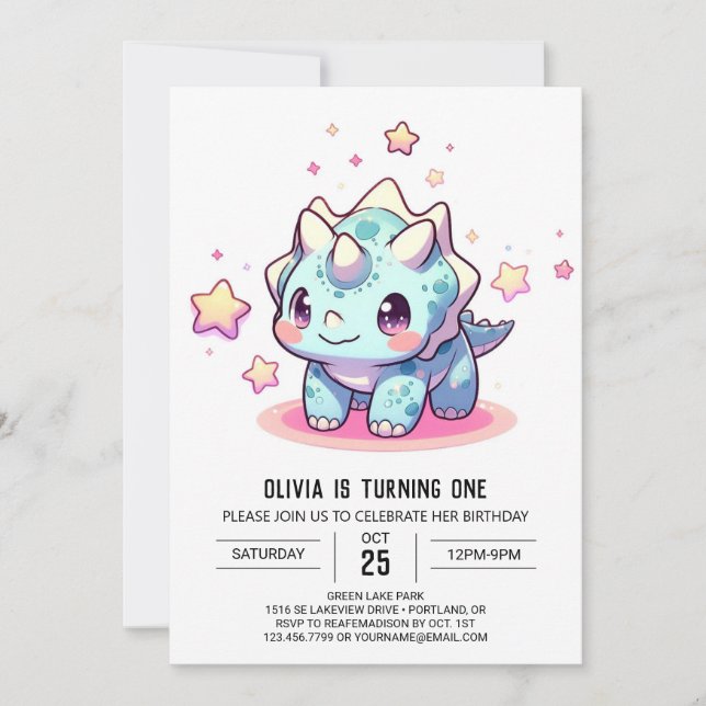 Fantasy Modern Dinosaur 1st Birthday Invitation (Front)