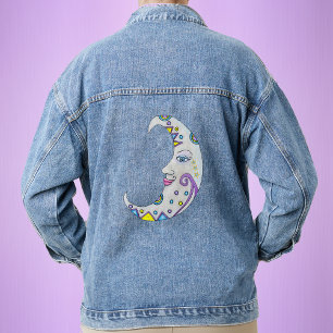 Fantasy Moon Colourful Decorations With Face Stars Denim Jacket