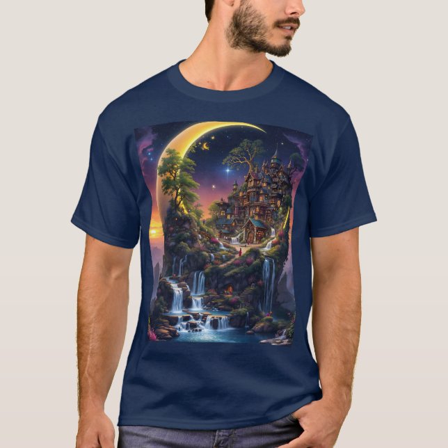 Fantasy Moon Waterfall Forest  T-Shirt (Front)