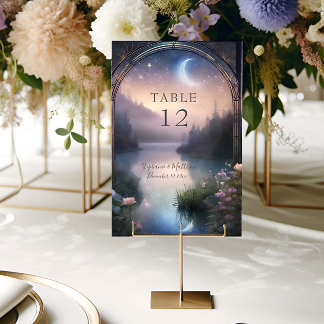 Fantasy Moonlit Lake Forest Rustic Floral Wedding Table Number (Creator Uploaded)