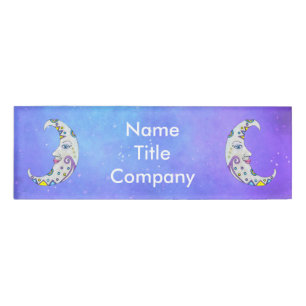 Fantasy Moons With Faces Colours Blue Purple Sky Name Tag