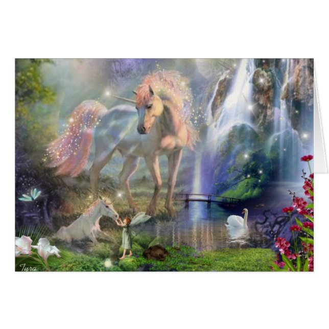 Fantasy Mother Unicorn and Baby in a Fairy Garden (Front Horizontal)