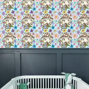 Fantasy Mouse Mushroom House Floral Wallpaper